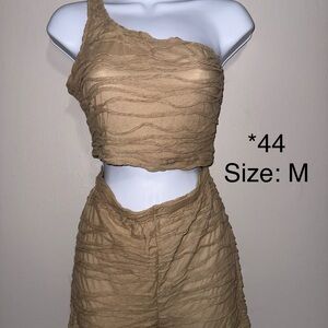 One-Shoulder Tan Textured Crop Top and Pants Set